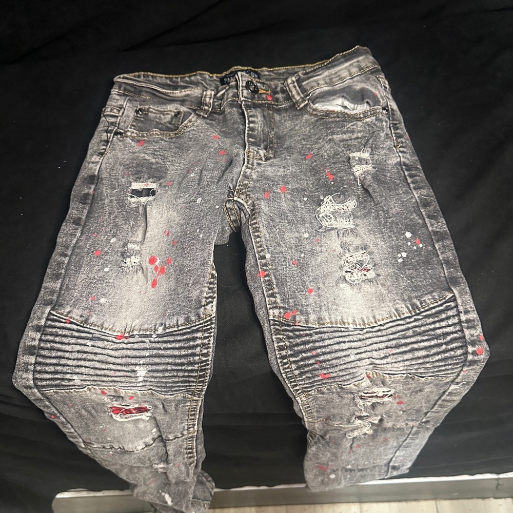 Distressed Gray Jeans with Red Accents-Parrish nation ladies jeans-size 8-#429